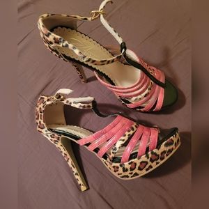 Annie Pinky Leopard Print High Heels Shoes Size 8